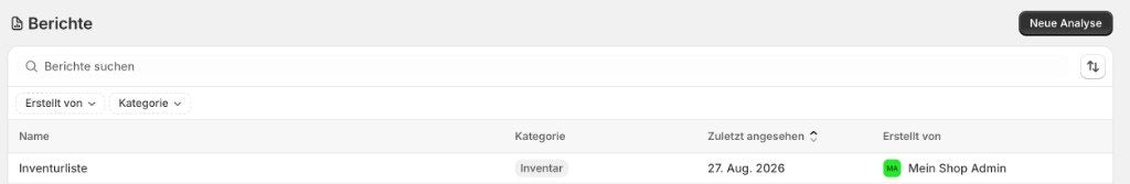 Inventurliste in der Berichtssuche