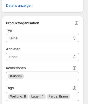 Kollektionen rechts unter Produktorganisation