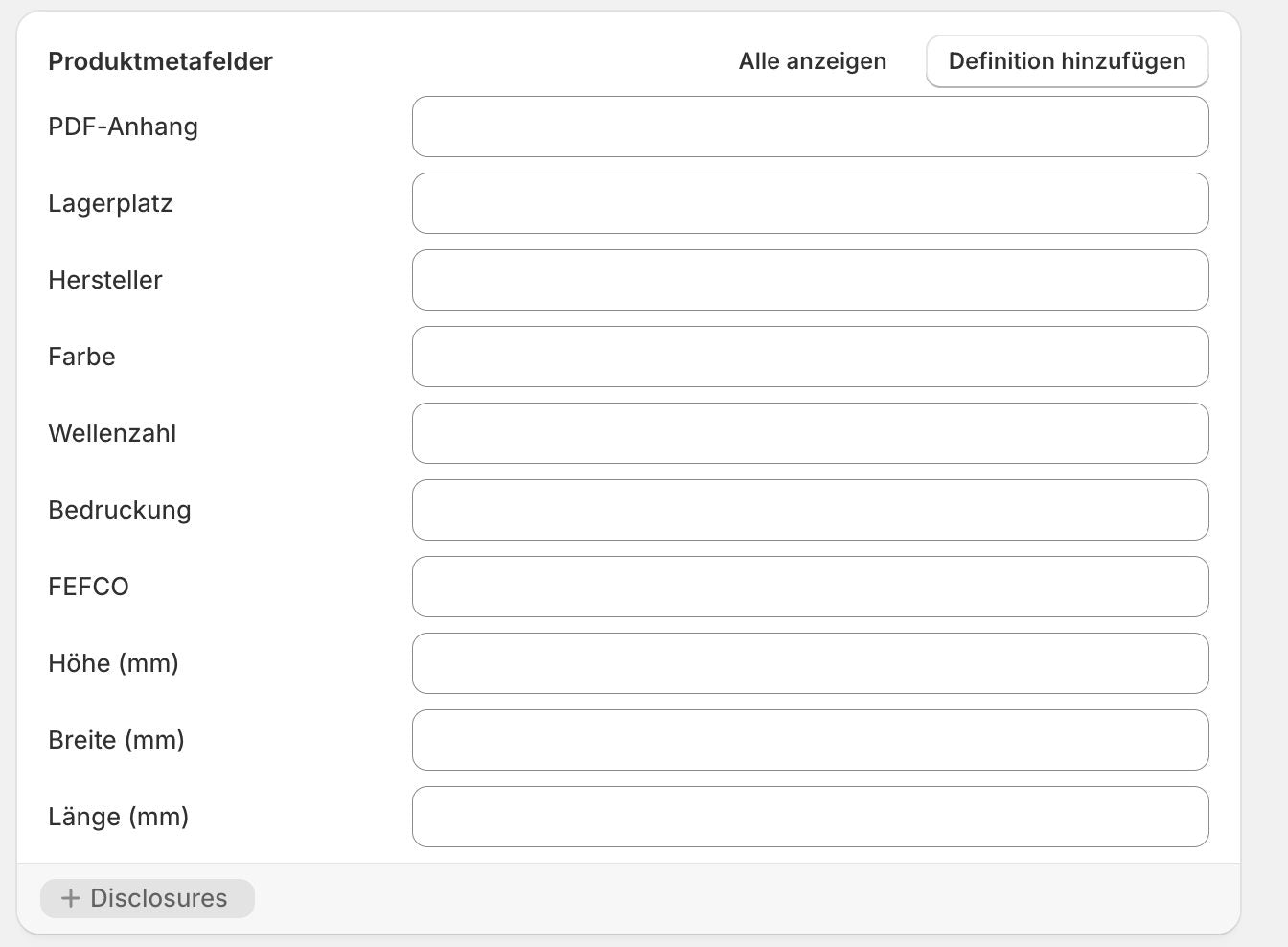 Bereich Produktmetafelder